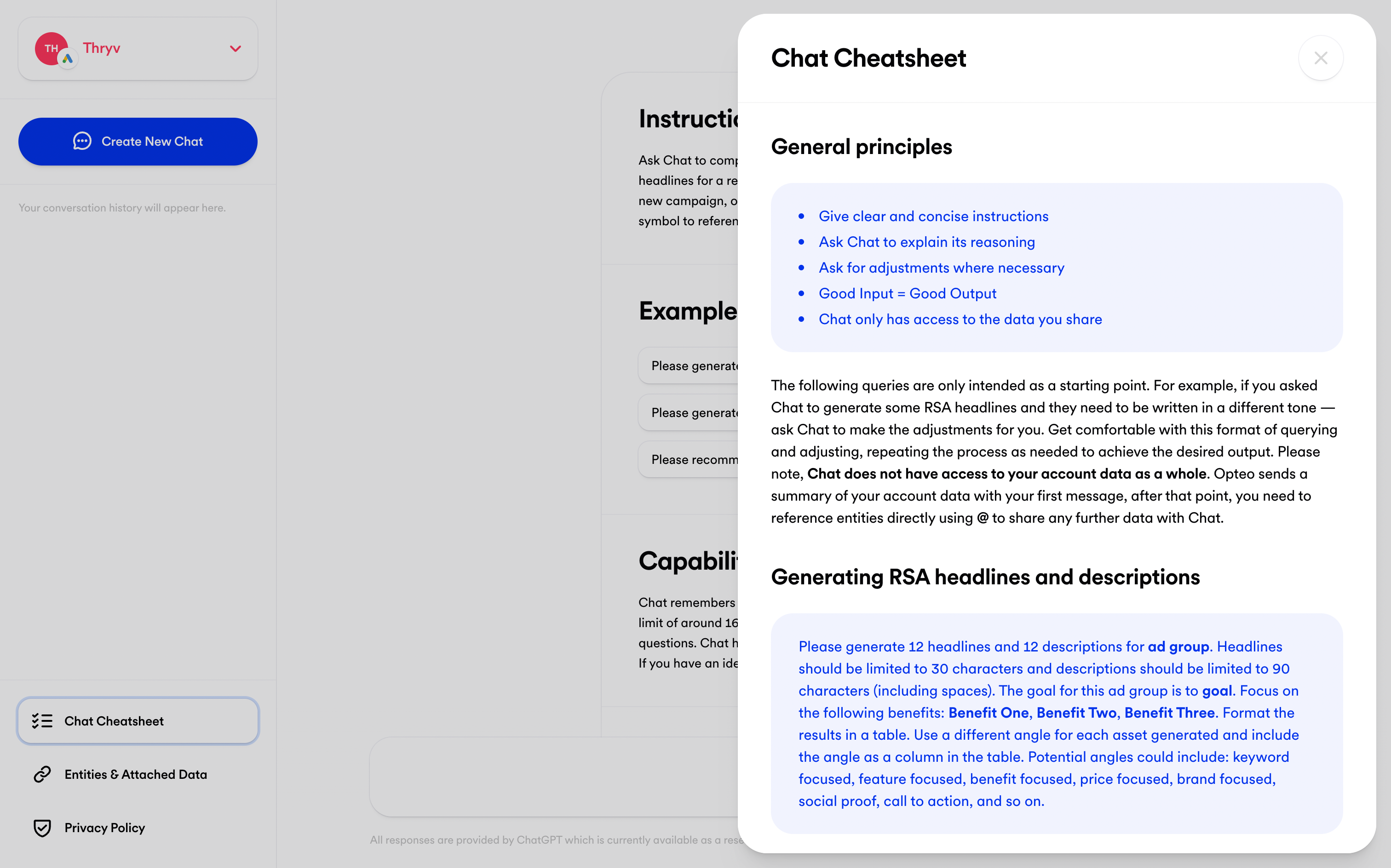 Screenshot of the "Chat Cheatsheet" in Opteo's Chat feature