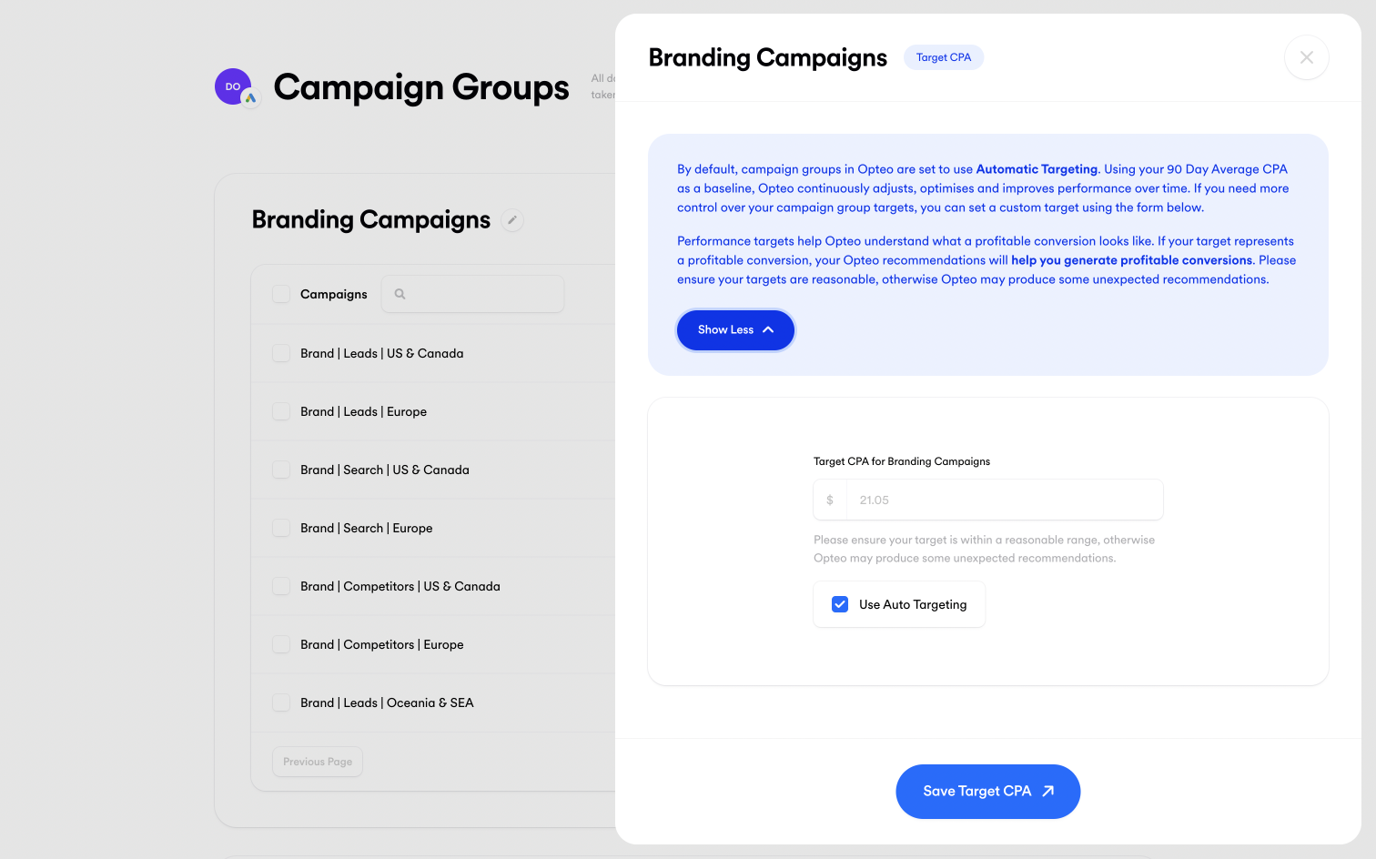 Screenshot of "Target CPA" panel in Campaign Groups