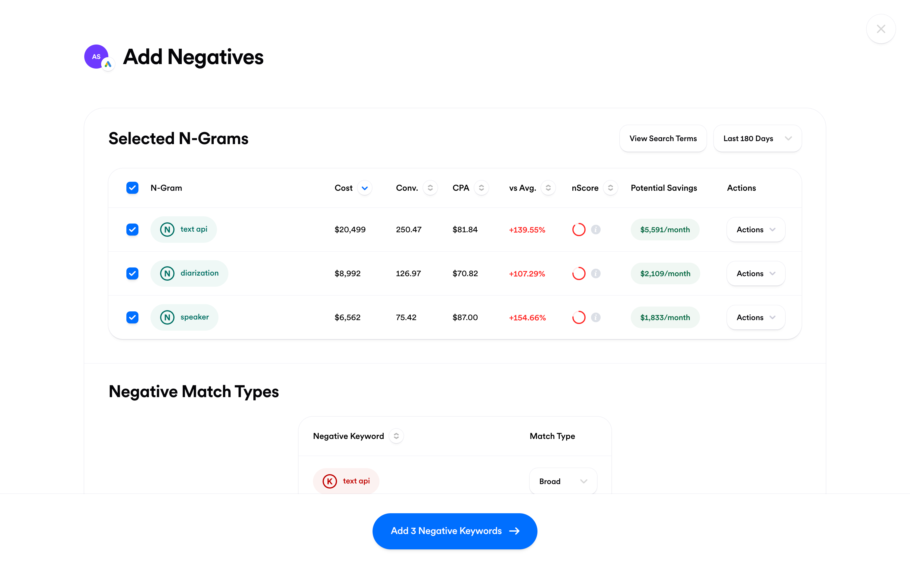 Screenshot of the Add Negatives flow in N-Gram Finder