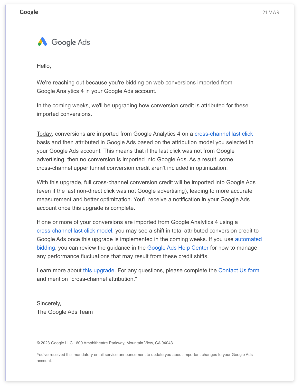 Email from Google explaining “full cross-channel conversion credit will be imported into Google Ads (even if the last non-direct click was not Google advertising)