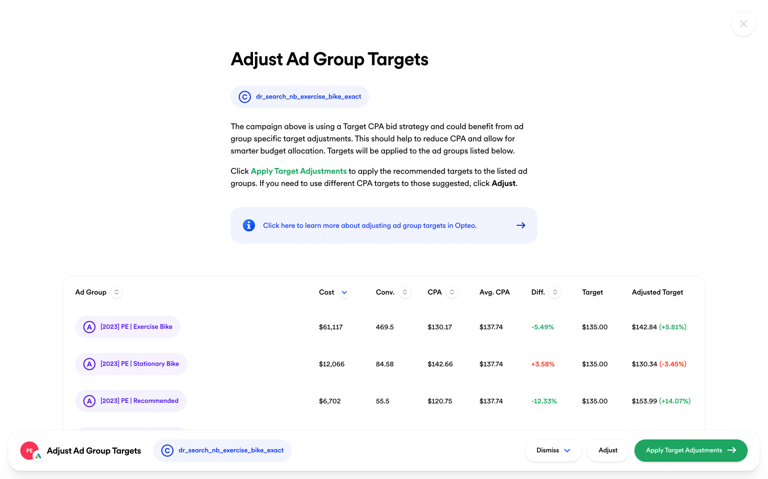 Screenshot of an "Adjust Ad Group Targets" Improvement in Opteo