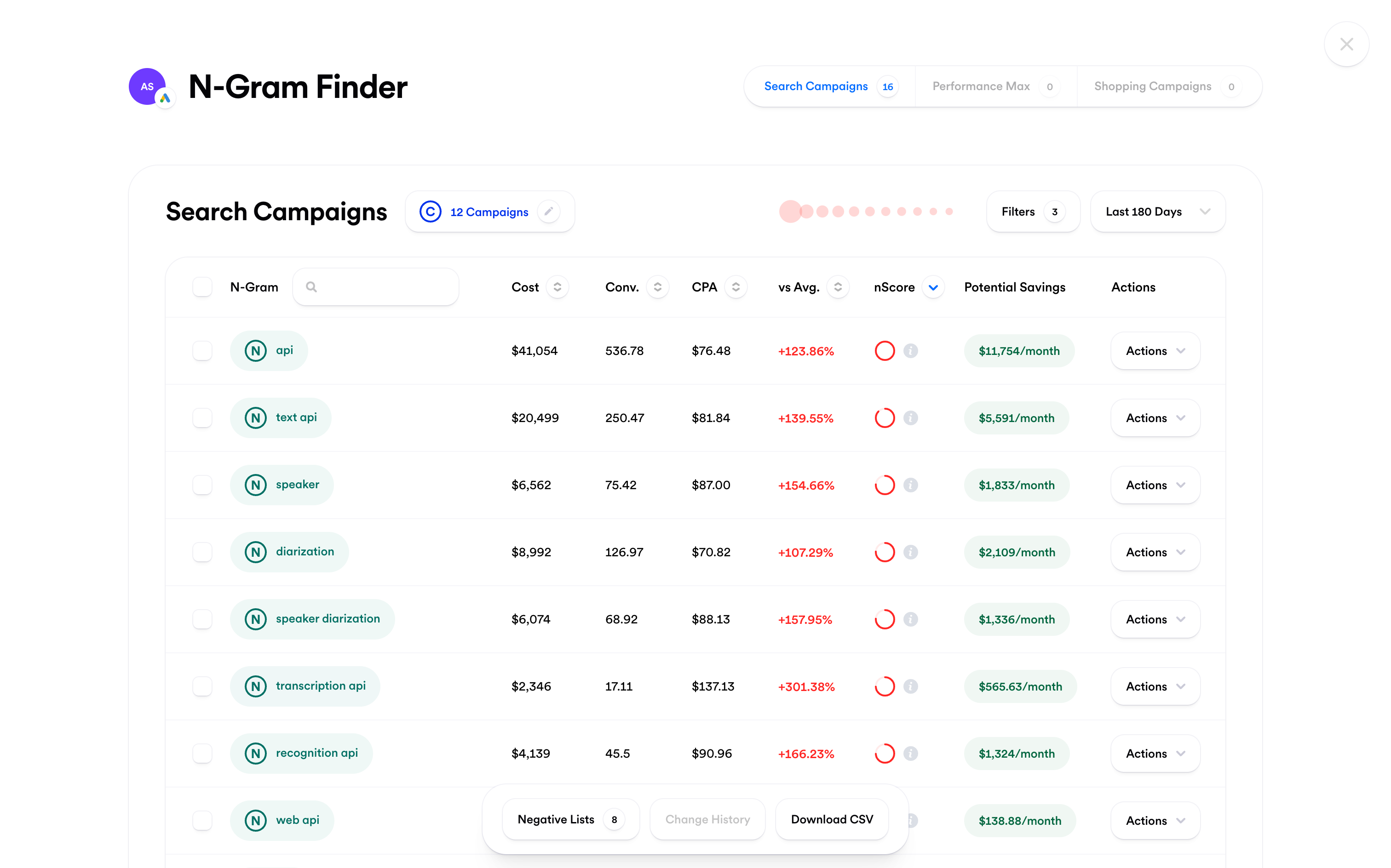 Screenshot of N-Gram Finder in Opteo