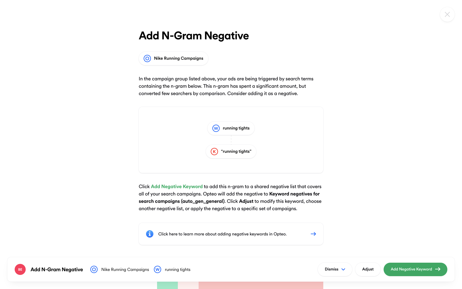 Screenshot of an "Add N-Gram Negative" Improvement in Opteo