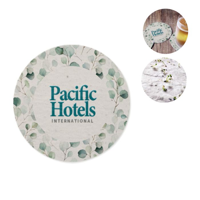 A round seed paper coaster with a floral example print.