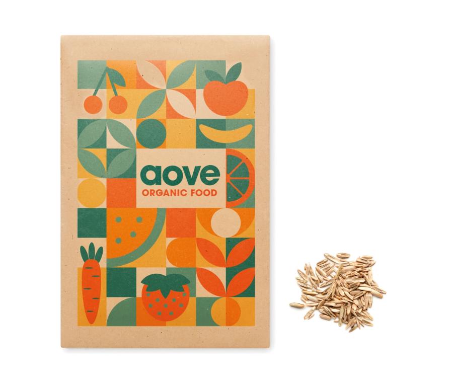 A kraft seed envelope with a print and seeds.