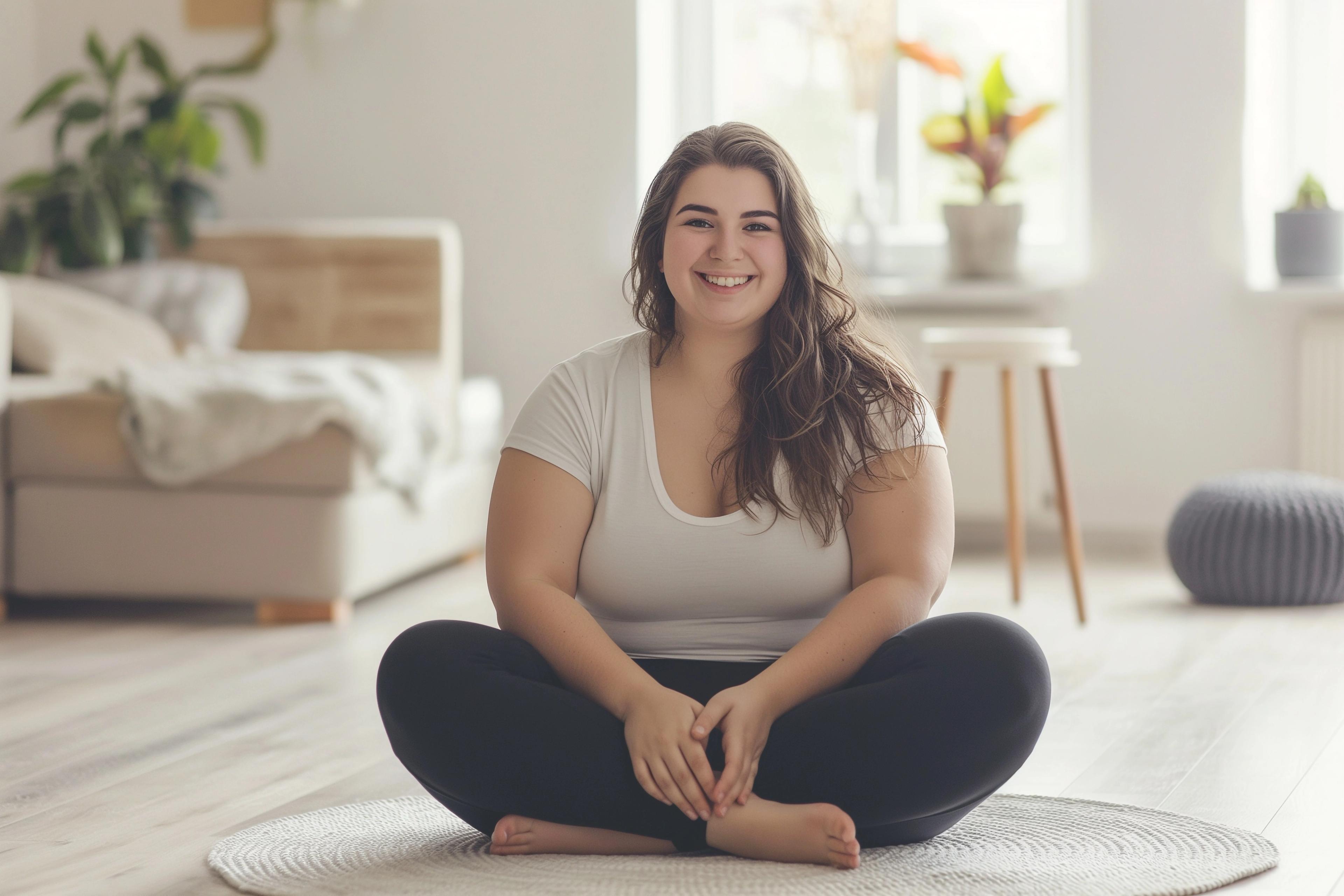 Woman beginning her weight loss journey with a home workout using HealthHero's Weight Loss Companion