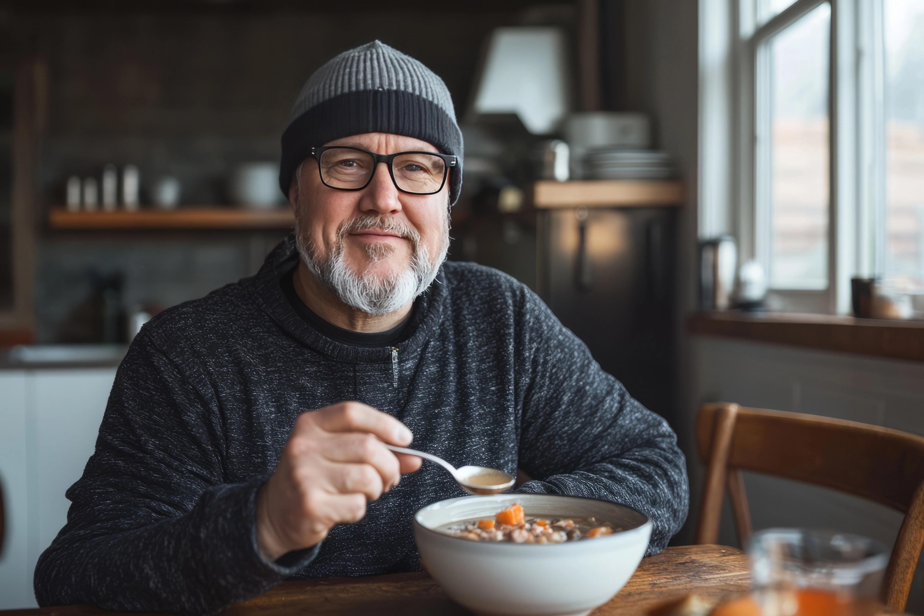 Man practicing mindful eating during his weight loss journey with support from HealthHero