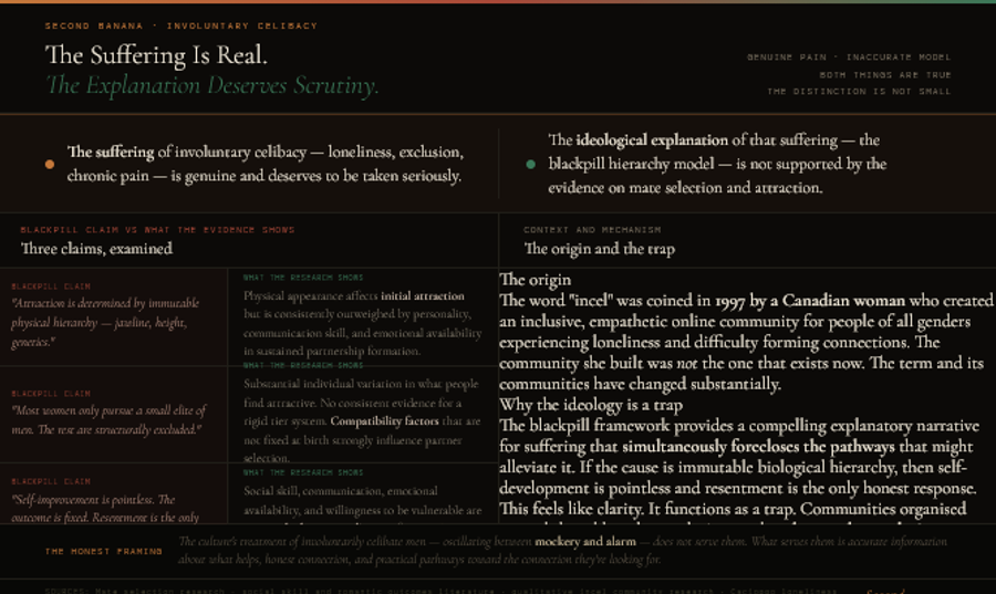 Dark background infographic examining involuntary celibacy and the incel ideological framework. A two-cell header strip states the central distinction: the suffering of involuntary celibacy is genuine and deserves to be taken seriously; the ideological blackpill explanation of that suffering is not supported by the evidence. Left column examines three blackpill claims against the research: that attraction is determined by immutable physical hierarchy, countered by evidence that physical appearance affects initial attraction but is outweighed by personality and communication in sustained partnership; that women only pursue a small elite of men, countered by substantial individual variation in attraction and no consistent evidence for a rigid tier system; and that self-improvement is pointless and resentment is the honest response, countered by evidence that social skill, communication, and emotional availability are among the largest predictors of romantic connection and are all changeable. Right column covers the origin — the word 