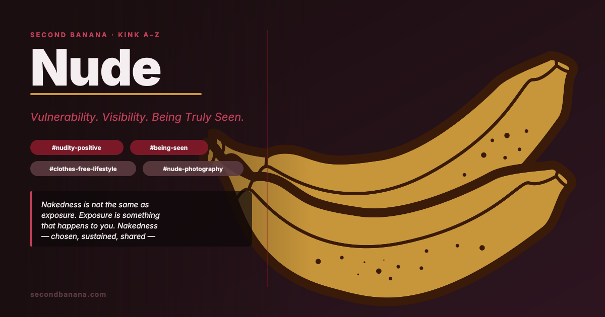 Large gold banana on dark right half. Left half: “Nude” in oversized white bold type, gold underline, rose italic subtitle “Vulnerability. Visibility. Being Truly Seen.” Four tag pills. Pull quote excerpt in a dark inset box.
