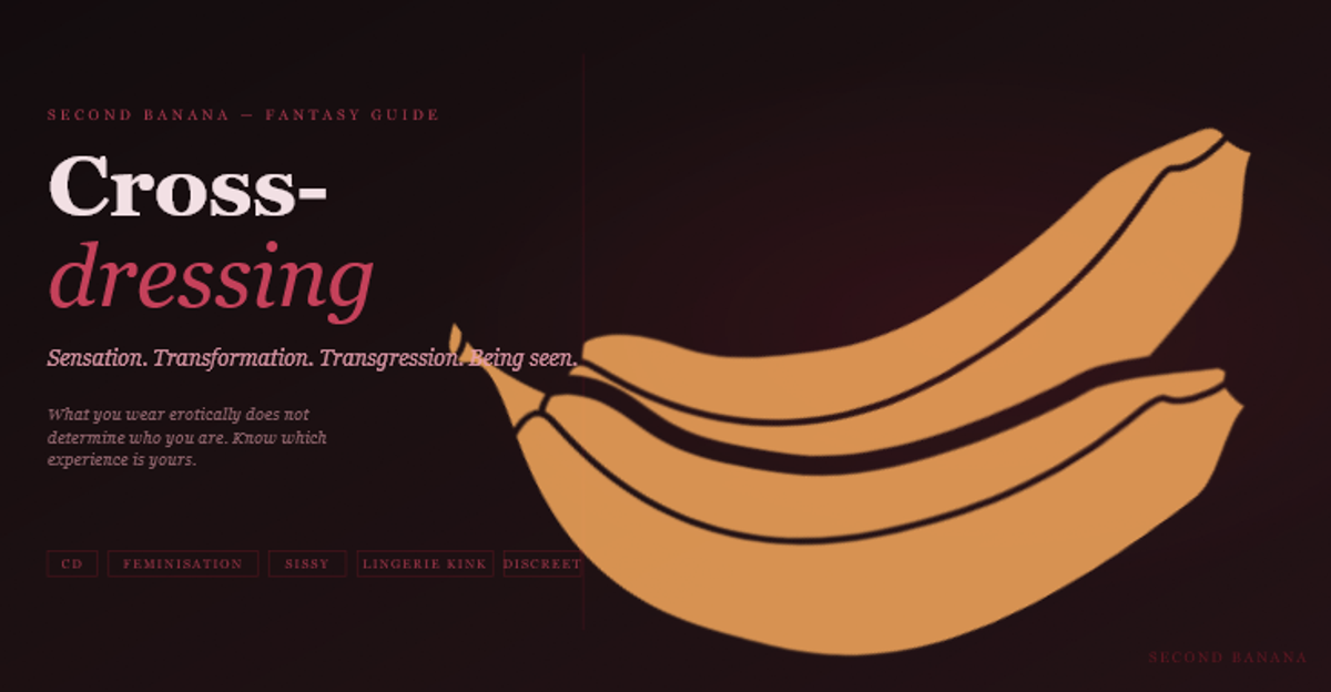 Dark editorial header image for the Second Banana crossdressing guide, burgundy and rose palette. A near-black background with a deep red rule across the top. Left column reads "Cross-dressing" split across two lines in dusty rose-white bold and rose italic serif type at 76px, with the subtitle "Sensation. Transformation. Transgression. Being seen." and the three-line tagline "What you wear erotically does not determine who you are. Know which experience is yours." Tag pills along the bottom left read CD, Feminisation, Sissy, Lingerie Kink, Discreet in deep rose. A banana illustration in warm rose-red tones lies diagonally across the right side. Second Banana branding lower right.