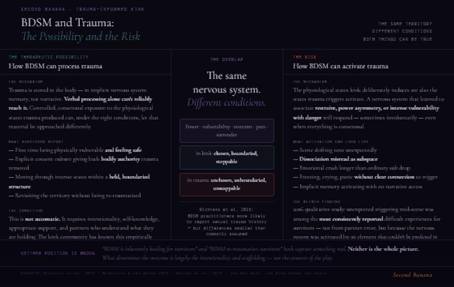 Three-column infographic. Left column covers BDSM as trauma processing: trauma is stored in the nervous system, not accessible through verbal processing alone; controlled consensual exposure to the physiological states trauma produced can, under the right conditions, allow that material to be approached differently; survivors report gaining bodily authority, felt safety during vulnerability, and structured movement through intense states. Centre column shows the structural distinction: the same territory — power, vulnerability, restraint, pain, surrender — experienced differently depending on whether it is chosen and stoppable or unchosen and unstoppable. Notes from Richters et al. 2015 that BDSM practitioners are more likely to report trauma histories but differences are smaller than assumed. Right column covers BDSM as trigger: unexpected mid-scene activation, dissociation misread as subspace, implicit memory firing without narrative connection, citing Bezreh et al. 2016 finding that unpredictable triggering was among the most consistently reported difficult experiences for survivors.