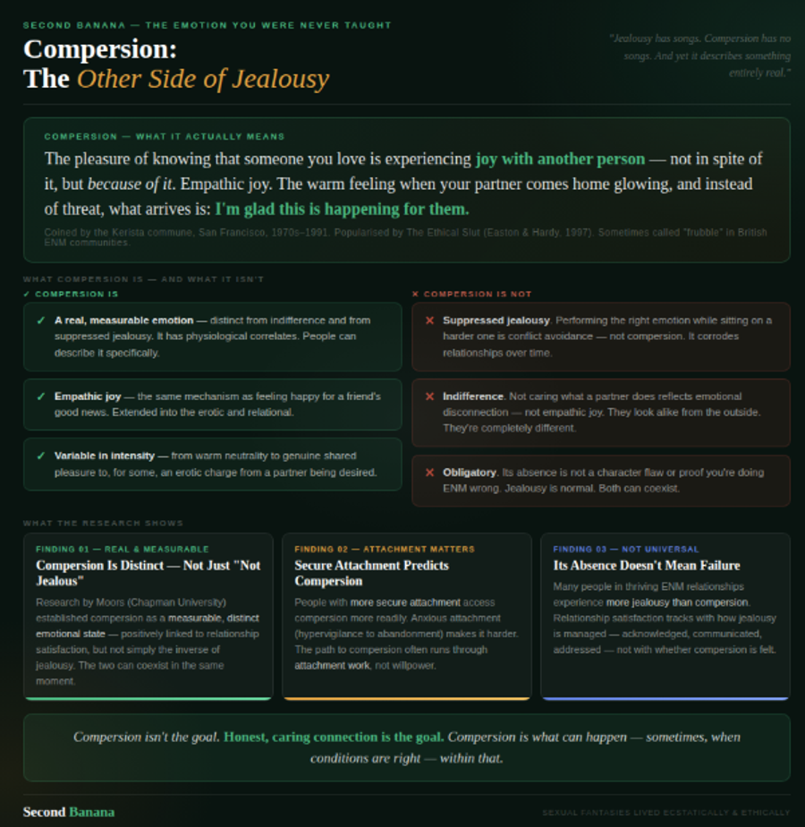 Dark forest green background with warm amber aurora. Opens with a definition banner: compersion as the pleasure of knowing someone you love is experiencing joy with another person — empathic joy, warm rather than threatening. Side-by-side