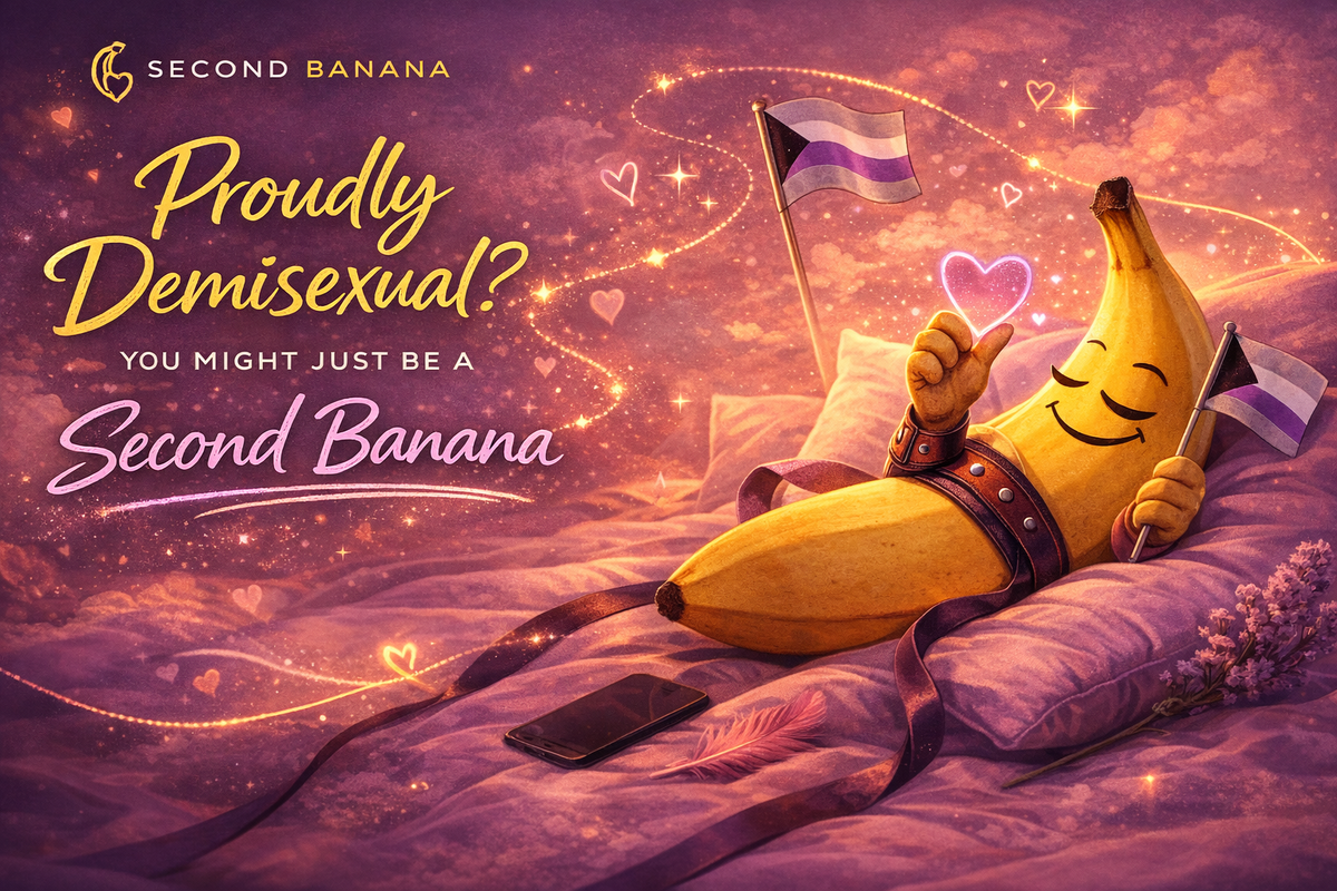 Proudly Demisexual? You're a Second Banana header image featuring a banana laying down while waving the demisexual flag. 