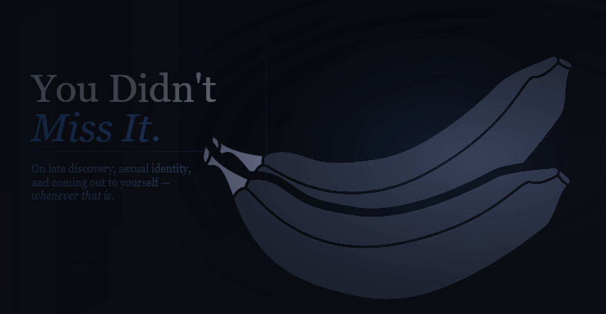 Article header image for Second Banana's guide to sexual identity and late discovery. Deep blue-black background with the headline "You Didn't" in large pale blue-white type and "Miss It." in italic bright blue below. Descriptor reads "On late discovery, sexual identity, and coming out to yourself — whenever that is." A periwinkle-silver banana curves across the right half behind a vertical indigo rule. Taglines read "Queer · Kinky · Non-Monogamous" and "Late Arrival ≠ Less Real."