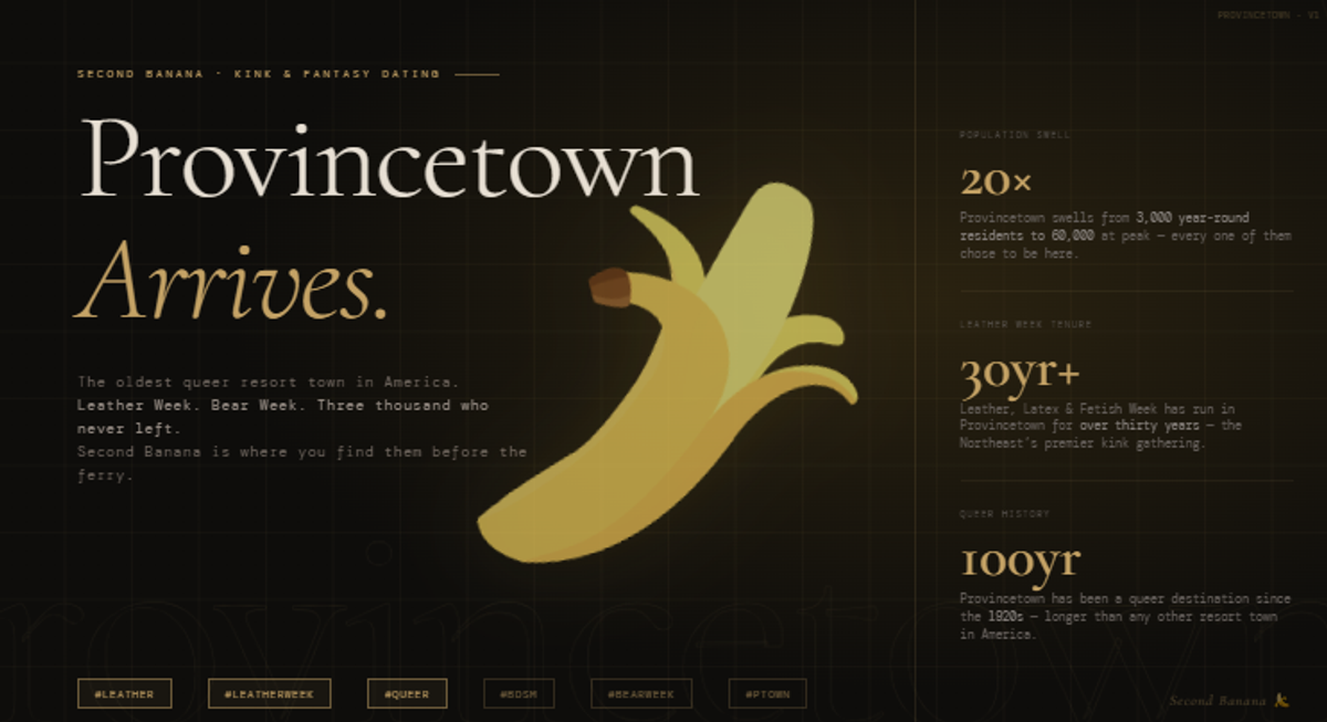 Hero image for the Second Banana Provincetown city landing page. Dark editorial design with a gold rule across the top. Left column reads 'Provincetown' in large serif type with 'Arrives.' in italic gold beneath, followed by the tagline: The oldest queer resort town in America. Leather Week. Bear Week. Three thousand who never left. Second Banana is where you find them before the ferry. A peeled banana illustration in gold tones sits centre composition. Right panel shows three statistics: Provincetown swells twenty times from 3,000 year-round residents to 60,000 at peak, every one of whom chose to be here; Leather, Latex and Fetish Week has run in Provincetown for over thirty years, the Northeast's premier kink gathering; Provincetown has been a queer destination since the 1920s, longer than any other resort town in America. Tag pills along the bottom read: leather, LeatherWeek, queer, BDSM, BearWeek, Ptown. Second Banana branding bottom right.