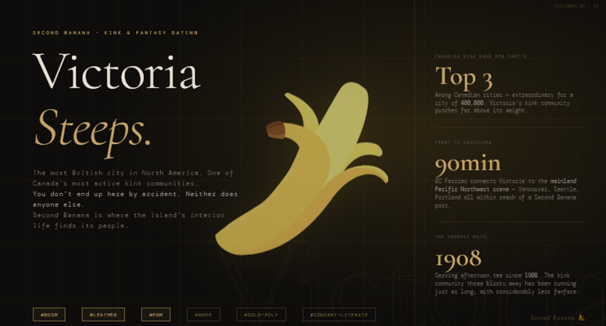 Hero image for the Second Banana Victoria BC city landing page. Dark editorial design with a gold rule across the top. Left column reads 'Victoria' in large serif type with 'Steeps.' in italic gold beneath, followed by the tagline: The most British city in North America. One of Canada's most active kink communities. You don't end up here by accident. Neither does anyone else. Second Banana is where the island's interior life finds its people. A peeled banana illustration in gold tones sits centre composition. Right panel shows three statistics: Victoria ranks top 3 among Canadian cities for kink community activity per capita, extraordinary for a city of 400,000; 90 minutes by BC Ferries to Vancouver, connecting to the mainland Pacific Northwest scene; the Empress Hotel has served afternoon tea since 1908, the kink community three blocks away has been running just as long. Tag pills along the bottom read: BDSM, leather, ENM, rope, solo-poly, consent-literate. Second Banana branding bottom right.