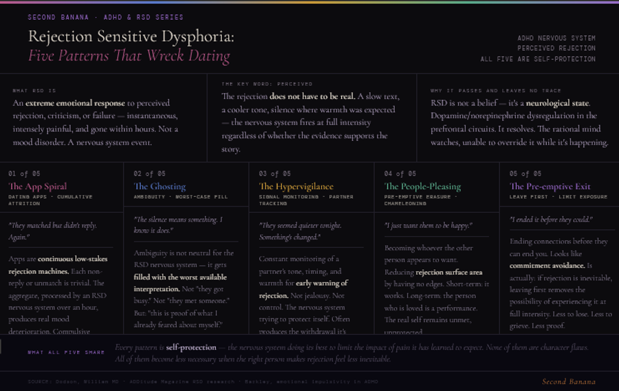 Two-part infographic. Left side shows a line chart of the RSD episode temporal profile: flat baseline, instantaneous spike at the trigger stimulus, extreme peak rated by patients above physical pain they have known, gradual decay, and complete return to baseline within minutes to hours with no residue. Four timeline annotations cover trigger, instant onset, peak, and resolution. Right side covers four evidence-based management approaches: ADHD medication normalising prefrontal dopamine and norepinephrine so ordinary disappointment feels ordinary; naming the episode in real time to create metacognitive distance between the state and the response; DBT and somatic approaches that work at the nervous system level rather than the cognitive level; and community recognition where discovering the experience has a name significantly reduces the shame that accumulates around responses that appear disproportionate. A partner-focused strip notes that ambiguity is not neutral for the RSD nervous system, that small explicit communications carry disproportionate weight, and that the episode is a nervous system event rather than a relational verdict. Footer notes the amplification works in both directions — genuine acceptance feels correspondingly extraordinary.