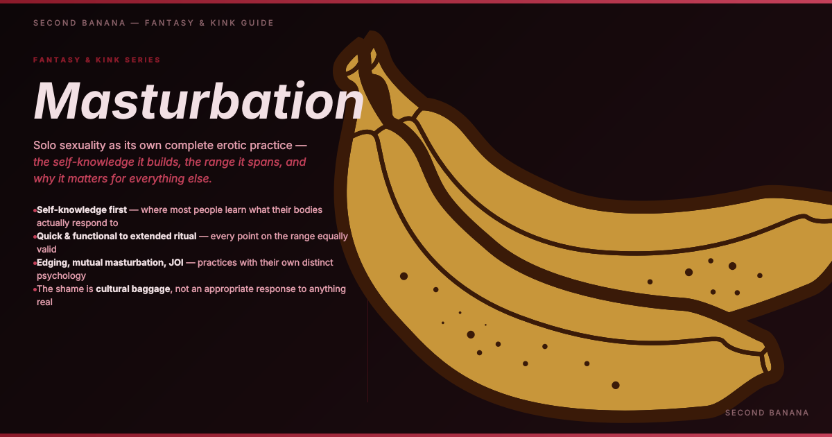 Dark burgundy background, split layout. Left column: "Second Banana — Fantasy & Kink Guide" logo top-left, "Fantasy & Kink Series" label, large bold italic title "Masturbation," descriptor text in rose italic, four bullet points covering self-knowledge, range of practice, specific practices (edging/mutual/JOI), and shame as cultural baggage. Right half: large gold banana bunch illustration on dark background. Burgundy rule top and bottom. "Second Banana" tagline bottom-right.