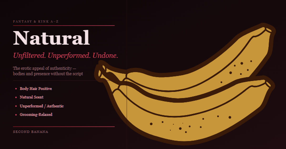 Dark burgundy header. Left column: series tag “FANTASY & KINK A–Z”, bold title “Natural” at large scale, rose italic subtitle “Unfiltered. Unperformed. Undone.”, descriptor “The erotic appeal of authenticity — bodies and presence without the script”, four rose bullet tags: Body Hair Positive, Natural Scent, Unperformed / Authentic, Grooming-Relaxed. Right half: large gold banana, rotated slightly, dominant on dark background.