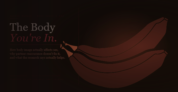 Article header image for Second Banana's guide to body image and sex. Deep warm near-black background with the headline "The Body" in large pale rose-cream type and "You're In." in italic crimson below. Descriptor reads "How body image actually affects sex, why partner reassurance doesn't fix it, and what the research says actually helps." A terracotta-tinted banana curves across the right half behind a vertical crimson rule. Taglines read "Spectatoring · Self-Objectification" and "Presence Is the Variable That Matters."