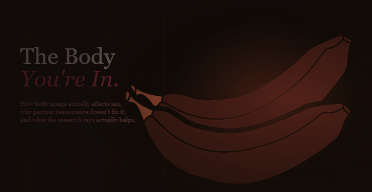Article header image for Second Banana's guide to body image and sex. Deep warm near-black background with the headline "The Body" in large pale rose-cream type and "You're In." in italic crimson below. Descriptor reads "How body image actually affects sex, why partner reassurance doesn't fix it, and what the research says actually helps." A terracotta-tinted banana curves across the right half behind a vertical crimson rule. Taglines read "Spectatoring · Self-Objectification" and "Presence Is the Variable That Matters."