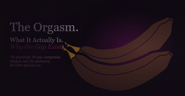 Article header image for Second Banana's orgasm guide. Deep violet-black background with the headline "The Orgasm." in large pale lavender type, followed by "What It Actually Is." and "Why the Gap Exists." in italic magenta. Descriptor reads "The physiology, the gap, anorgasmia, faking it, and why pleasure is the better goal anyway." A warm amber-gold banana curves across the right half behind a vertical magenta rule. Taglines read "A Reflex, Not an Achievement" and "The Gap Is Not Anatomical."