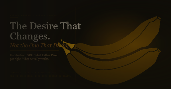  Article header image for Second Banana's long-term desire guide. Deep warm near-black background with the headline "The Desire That Changes." in large pale cream serif type, followed by "Not the One That Disappears." in smaller italic copper below. Descriptor reads "Habituation. NRE. What Esther Perel got right. What actually works." A rich amber-gold banana curves across the right half behind a vertical copper rule. Tagline reads "Dopamine · Oxytocin · Habituation — NRE Is Chemistry. Long-Term Desire Is Craft."