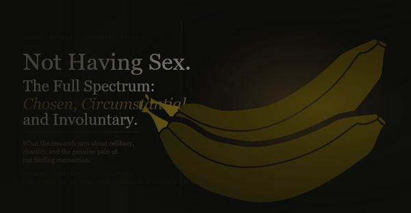 Article header image for Second Banana's guide to celibacy and involuntary celibacy. Deep warm near-black background with the headline across four lines: "Not Having Sex." in large pale cream type, "The Full Spectrum:" in matching cream, "Chosen, Circumstantial," in italic ochre-gold, and "and Involuntary." in cream. Descriptor reads "What the research says about celibacy, chastity, and the genuine pain of not finding connection." A muted warm-gold banana curves across the right half behind a vertical stone-ochre rule. Taglines read "Chosen · Asexuality · Involuntary" and "The Suffering Is Real. The Explanation Deserves Scrutiny."