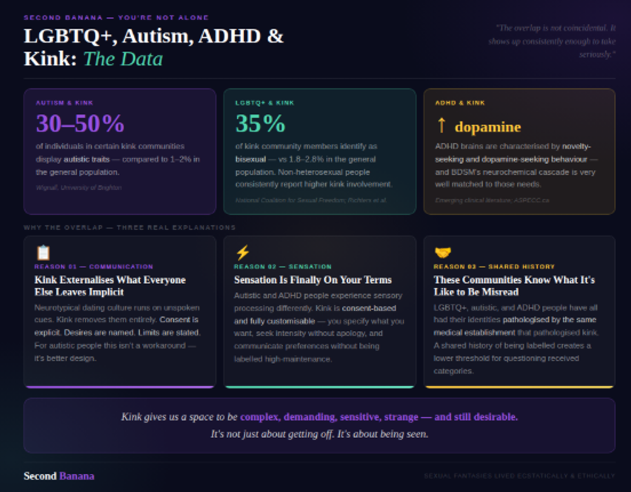 Dark navy background with purple and teal aurora. Three stat cards: autism (30–50% of kink community members display autistic traits vs 1–2% generally, citing Wignall), LGBTQ+ (35% of kink practitioners identify as bisexual vs 1.8–2.8% generally), and ADHD (dopamine-seeking brains and kink's neurochemical match). Below: three reason cards explaining the overlap — kink externalises implicit communication, sensation is finally on your terms, and these communities share a history of being pathologised by the same institutions. Closes with the pull quote on being complex, demanding, and still desirable.