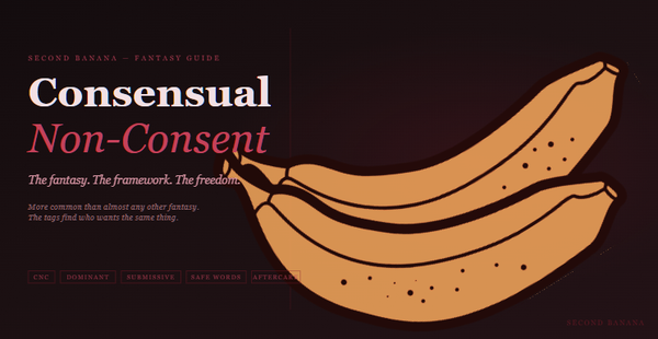 Dark editorial header image for the Second Banana consensual non-consent guide, burgundy and rose palette. A near-black background with a deep red rule across the top. Left column reads "Consensual Non-Consent" across two lines in dusty rose-white and rose italic serif type, with the subtitle "The fantasy. The framework. The freedom." and the tagline "More common than almost any other fantasy. The tags find who wants the same thing." Tag pills along the bottom left read CNC, Dominant, Submissive, Safe Words, Aftercare in deep rose. A banana illustration in warm rose-red tones lies diagonally across the right side. Second Banana branding lower right.