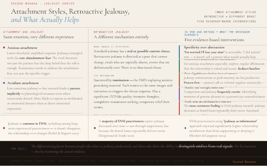 Three-column infographic. Left column covers how jealousy operates across attachment styles: anxious attachment produces amplified jealousy entangled with abandonment fear where reassurance must address the attachment rather than just the trigger; avoidant attachment suppresses conscious jealousy but research finds it present implicitly in physiological measures; secure attachment treats jealousy as information to examine rather than act on immediately. Centre column explains retroactive jealousy as a fundamentally different mechanism — sustained by default mode network rumination rather than actual threat, with OCD-like intrusive-thought quality, and driven by present-tense self-worth questions disguised as concern about the past. Right column provides five evidence-based interventions: communication specificity about what is actually feared, consistent attachment reassurance for anxious styles, solo regulation before partner conversations, noticing compersion alongside jealousy, and time allowing the nervous system to accumulate evidence that feared losses are not occurring. Bottom strip cites three ENM jealousy research findings on prevalence, decrease over time, and the relationship satisfaction benefit