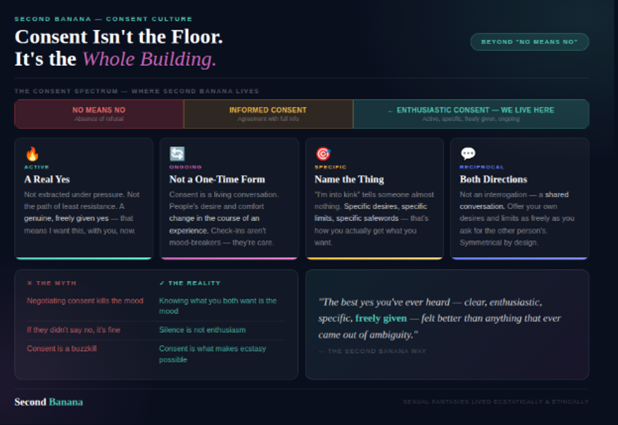 Dark navy background. Opens with a consent spectrum bar showing 
