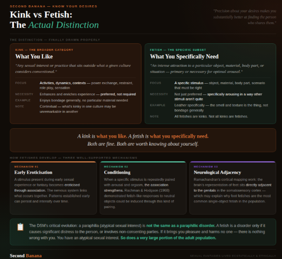 Dark background with amber and teal aurora. Side-by-side comparison of kink (the broader category — what you like, activities and dynamics, preferred not required) versus fetish (the specific subset — what you specifically need, a particular stimulus that must be right, specifically arousing in a way others aren't quite). Pull quote: 