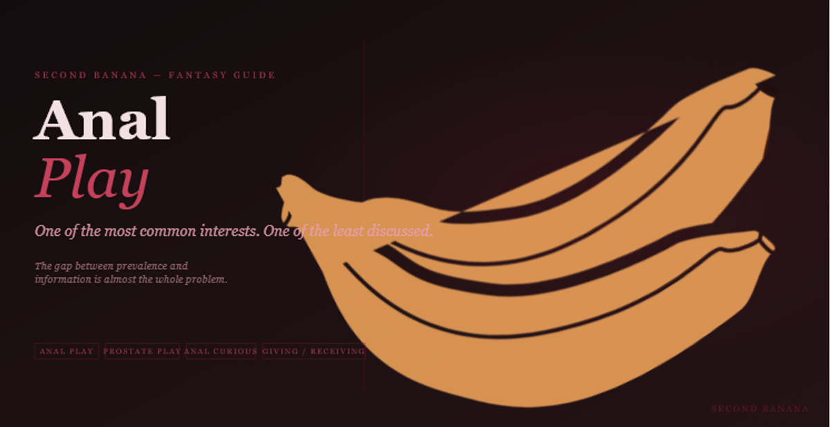 Dark editorial header image for the Second Banana anal play guide, burgundy and rose palette. A near-black background with a deep red rule across the top. Left column reads "Anal Play" across two lines in dusty rose-white bold and rose italic serif type, with the subtitle "One of the most common interests. One of the least discussed." and the tagline "The gap between prevalence and information is almost the whole problem." Tag pills along the bottom left read Anal Play, Prostate Play, Anal Curious, Giving / Receiving in deep rose. A banana illustration in warm rose-red tones lies diagonally across the right side. Second Banana branding lower right.