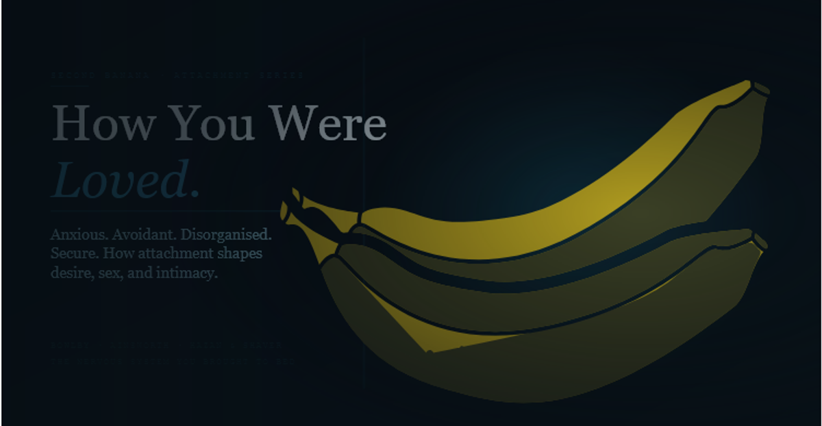Article header image for Second Banana's attachment styles and sex guide. Deep blue-black background with the headline "How You Were Loved." in large serif type — the first line in pale blue-white, "Loved." in italic teal. Three descriptor lines read "Anxious. Avoidant. Disorganised. Secure. How attachment shapes desire, sex, and intimacy." A warm gold banana with deep teal outline details curves across the right half behind a vertical teal rule. Tagline reads "Bowlby · Ainsworth · Hazan & Shaver — The Nervous System You Brought to Bed."