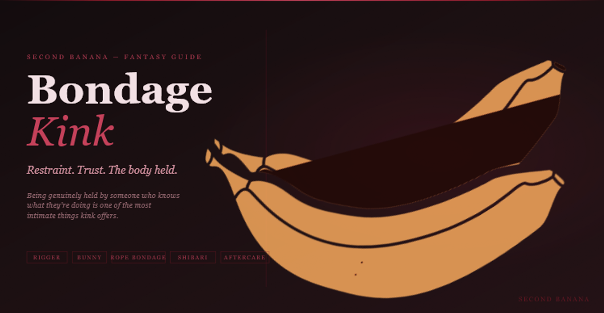 Dark editorial header image for the Second Banana bondage kink guide, burgundy and rose palette. A near-black background with a deep red rule across the top. Left column reads "Bondage Kink" across two lines in dusty rose-white bold and rose italic serif type, with the subtitle "Restraint. Trust. The body held." and the tagline "Being genuinely held by someone who knows what they're doing is one of the most intimate things kink offers." Tag pills along the bottom left read Rigger, Bunny, Rope Bondage, Shibari, Aftercare in deep rose. A banana illustration in warm rose-red tones lies diagonally across the right side. Second Banana branding lower right.