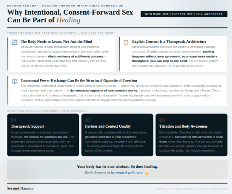 Soft blue-grey background. Three reason cards explaining why the research supports intentional sexual healing: the body needs to learn not just the mind, explicit consent is a therapeutic architecture, and consensual power exchange can be the structural opposite of coercion (the wide card, spanning full width, with the most careful framing). Below: three dark requirement cards — therapeutic support (not optional), partner and context quality, and titration and body awareness. Closes with: 
