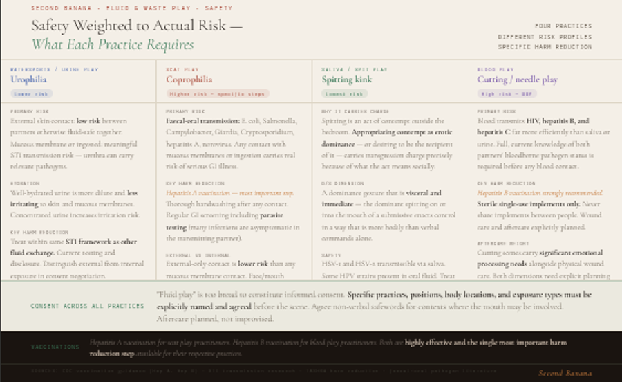 Light paper background infographic presenting safety specifics across four practices. Four columns with colour-coded risk levels. Watersports (blue, lower risk): external skin contact is low risk between partners otherwise fluid-safe together; mucous membrane or ingested exposure carries meaningful STI transmission risk; well-hydrated urine is more dilute and less irritating; treat within the same STI framework as other fluid exchange. Scat play (red, higher risk — specific steps): primary risk is faecal-oral transmission of E. coli, Salmonella, Campylobacter, Giardia, Cryptosporidium, hepatitis A, and norovirus; hepatitis A vaccination is the most important harm reduction step; regular GI screening including parasite testing is appropriate since many infections are asymptomatic in the transmitting partner; external-only contact is lower risk than any mucous membrane contact. Saliva and spit play (green, lowest risk): spitting is socially an act of contempt and appropriating contempt as erotic dominance or desiring to receive it carries transgression charge; in D/s contexts it is a visceral dominance gesture; HSV-1 and HSV-2 are transmissible via saliva; treat within the same oral STI framework as kissing and oral sex. Blood play (violet, high risk — bloodborne pathogens): blood transmits HIV, hepatitis B, and hepatitis C far more efficiently than saliva or urine; hepatitis B vaccination is strongly recommended; sterile single-use implements only, never shared; wound care and aftercare planned explicitly. Consent strip across the bottom: