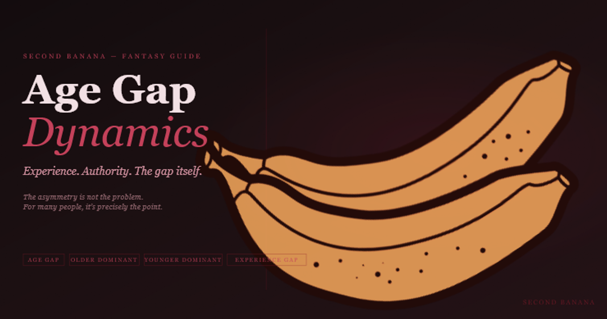 Dark editorial header image for the Second Banana age gap dynamics guide, burgundy and rose palette. A near-black background with a deep red rule across the top. Left column reads "Age Gap Dynamics" across two lines in dusty rose-white and rose italic serif type, with the subtitle "Experience. Authority. The gap itself." and the tagline "The asymmetry is not the problem. For many people, it's precisely the point." Tag pills along the bottom left read Age Gap, Older Dominant, Younger Dominant, Experience Gap in deep rose. A banana illustration in warm rose-red tones lies diagonally across the right side. Second Banana branding lower right.