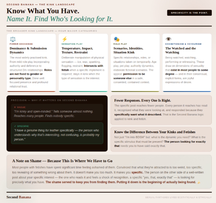 Warm sand background. Four kink landscape cards: power exchange (D/s dynamics), sensation play (temperature/impact/texture), role play (scenarios and situational kink), exhibitionism and voyeurism. Left precision panel: vague post (