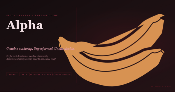 Dark editorial header image for the Second Banana alpha kink guide, burgundy and rose palette. A near-black background with a deep red rule across the top. Left column reads "Alpha" in large dusty rose-white bold serif type, with the subtitle "Genuine authority. Unperformed. Unmistakable." and the two-line tagline "Performed dominance reads as insecurity. Genuine authority doesn't need to announce itself." Tag pills along the bottom left read Alpha, Beta, Alpha/Beta Dynamic, Takes Charge in deep rose. A banana illustration in warm rose-red tones lies diagonally across the right side. Second Banana branding lower right.