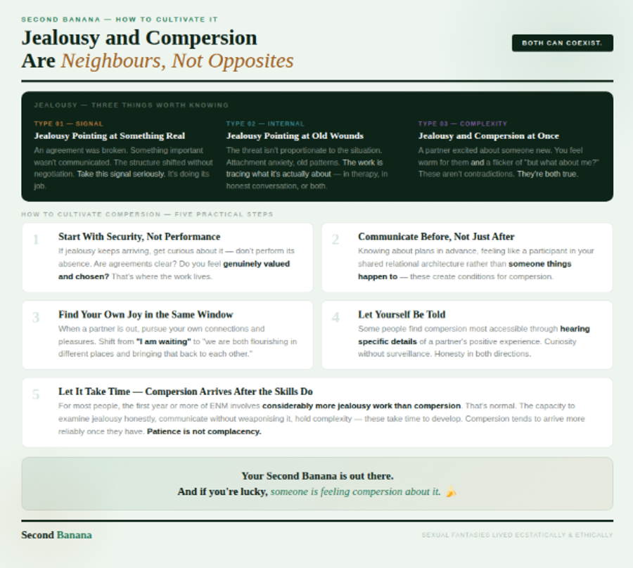 Soft sage green background. Dark panel at top showing three types of jealousy — signalling something real (take it seriously), pointing at old wounds (internal work needed), and coexisting with compersion simultaneously (both can be true). Below: five cultivation steps — start with security not performance, communicate before not just after, find your own joy in the same window, let yourself be told, and let it take time (the widest card, spanning full width). Closes with: