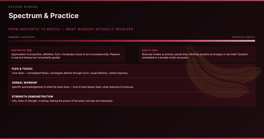 Gradient bar from Aesthetic (left) to Erotic (right) on dark burgundy. Two endpoint description boxes flank it. Below: three practice cards — Flex & Touch, Verbal Worship, Strength Demonstration — each with a brief descriptor. Gold banana watermark at right.