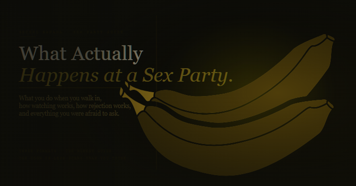 Article header image for Second Banana's honest guide to sex parties and sex clubs. Deep warm near-black background with the headline "What Actually" in large pale cream type and "Happens at a Sex Party." in italic amber-gold below. Descriptor reads "What you do when you walk in, how watching works, how rejection works, and everything you were afraid to ask." A deep harvest-gold banana curves across the right half behind a vertical amber rule. Taglines read "Three Formats · The Honest Guide" and "The Door Is Less Scary Than You Think."