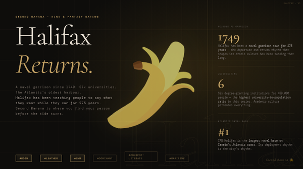 Hero image for the Second Banana Halifax city landing page. Dark editorial design with a gold rule across the top. Left column reads 'Halifax' in large serif type with 'Returns.' in italic gold beneath, followed by the tagline: A naval garrison since 1749. Six universities. The Atlantic's oldest harbour. Halifax has been teaching people to say what they want while they can for 275 years. Second Banana is where you find your person before the tide turns. A peeled banana illustration in gold tones sits centre composition. Right panel shows three statistics: Halifax founded as a naval garrison in 1749, 275 years of departure-and-return shaping its erotic culture; six universities for 450,000 people, the highest university-to-population ratio in this series; CFB Halifax is the largest naval base on Canada's Atlantic coast, its deployment rhythm is the city's rhythm. Tag pills along the bottom read: BDSM, leather, ENM, dominant, consent-literate, maritime. Second Banana branding bottom right.