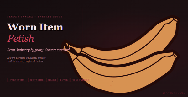 Dark editorial header image for the Second Banana worn item fetish guide, burgundy and rose palette. A near-black background with a deep red rule across the top. Left column reads "Worn Item Fetish" across two lines in dusty rose-white bold and rose italic serif type, with the subtitle "Scent. Intimacy by proxy. Contact extended." and the tagline "A worn garment is physical contact with its wearer, displaced in time." Tag pills along the bottom left read Worn Items, Scent Kink, Seller, Buyer, Used Panties in deep rose. A banana illustration in warm rose-red tones lies diagonally across the right side. Second Banana branding lower right.