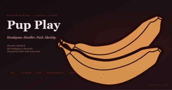 Dark editorial header image for the Second Banana pup play guide, burgundy and rose palette. A near-black background with a deep red rule across the top. Left column reads "Pup Play" in large dusty rose-white bold serif type, with the subtitle "Headspace. Handler. Pack. Identity." and the three-line tagline "The gear signals it. The headspace is the point. The pack is where both come alive." Tag pills along the bottom left read Pup, Handler, Pack, Pup Headspace, Gear in deep rose. A banana illustration in warm rose-red tones lies diagonally across the right side. Second Banana branding lower right.