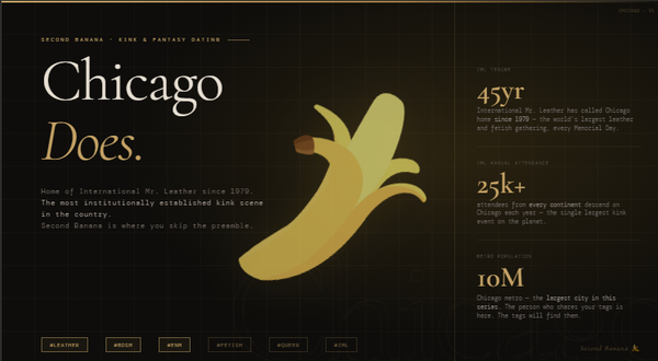 Hero image for the Second Banana Chicago city landing page. Dark editorial design with a gold rule across the top. Left column reads 'Chicago' in large serif type with 'Does.' in italic gold beneath, followed by the tagline: Home of International Mr. Leather since 1979. The most institutionally established kink scene in the country. Second Banana is where you skip the preamble. A peeled banana illustration in gold tones sits centre composition. Right panel shows three statistics: International Mr. Leather has called Chicago home since 1979, 45 years of the world's largest leather and fetish gathering every Memorial Day; 25,000 plus attendees from every continent descend on Chicago each year, the single largest kink event on the planet; Chicago metro population of 10 million, the largest city in the Second Banana series. Tag pills along the bottom read: leather, BDSM, ENM, fetish, queer, IML. Second Banana branding bottom right.