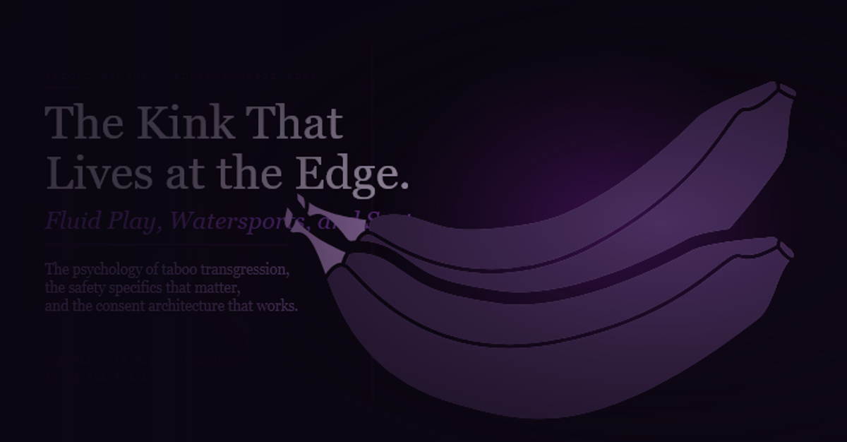 Article header image for Second Banana's guide to fluid and waste play kinks. Deep violet-black background with the headline "The Kink That Lives at the Edge." in large pale lavender type, followed by "Fluid Play, Watersports, and Scat." in smaller italic violet. Descriptor reads "The psychology of taboo transgression, the safety specifics that matter, and the consent architecture that works." A lavender-tinted banana curves across the right half behind a vertical violet rule. Taglines read "The Taboo Is Not Incidental" and "It Is the Point."