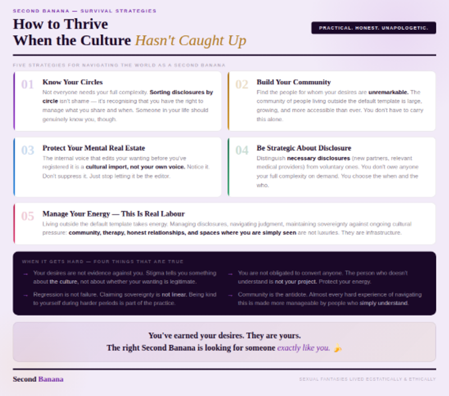 Warm lavender background. Five numbered survival strategies: know your circles, build your community, protect your mental real estate, be strategic about disclosure, and manage your energy as real labour. Below: a dark panel with four truths for the hard moments — your desires aren't evidence against you, you're not obligated to convert anyone, regression isn't failure, community is the antidote. Closes with: 